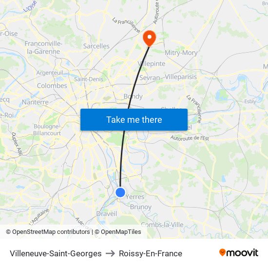 Villeneuve-Saint-Georges to Roissy-En-France map