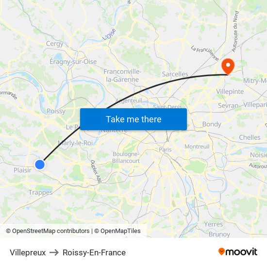 Villepreux to Roissy-En-France map