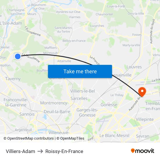 Villiers-Adam to Roissy-En-France map