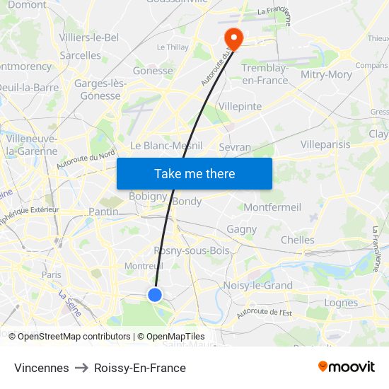 Vincennes to Roissy-En-France map