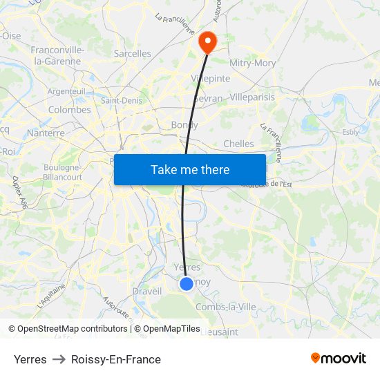 Yerres to Roissy-En-France map