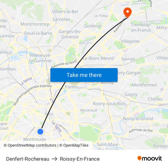 Denfert-Rochereau to Roissy-En-France map
