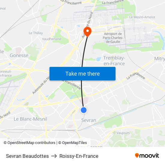 Sevran Beaudottes to Roissy-En-France map