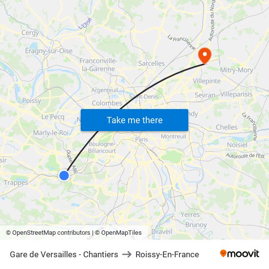 Gare de Versailles - Chantiers to Roissy-En-France map