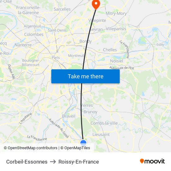 Corbeil-Essonnes to Roissy-En-France map