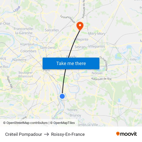 Créteil Pompadour to Roissy-En-France map