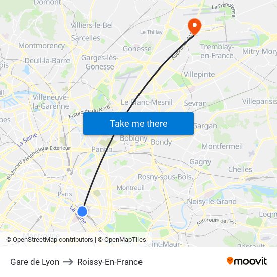 Gare de Lyon to Roissy-En-France map