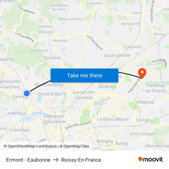 Ermont - Eaubonne to Roissy-En-France map