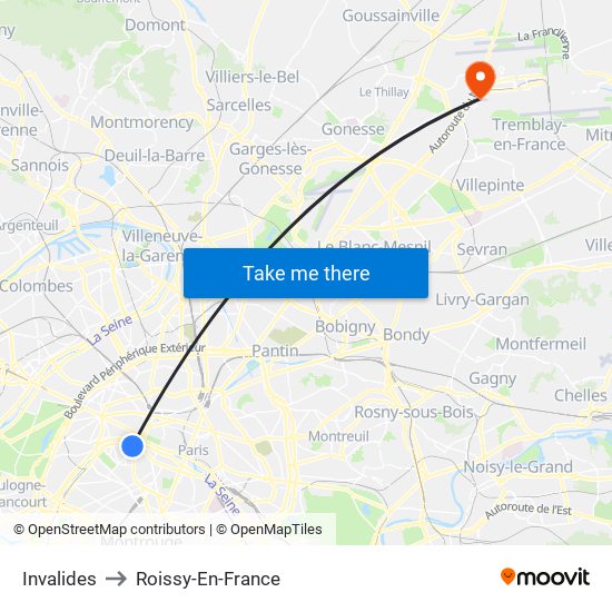 Invalides to Roissy-En-France map