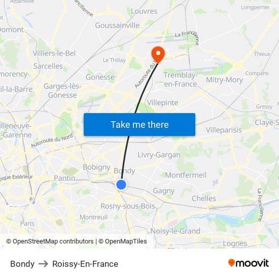 Bondy to Roissy-En-France map