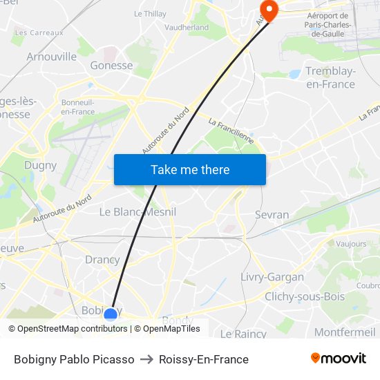 Bobigny Pablo Picasso to Roissy-En-France map