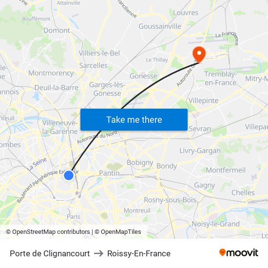 Porte de Clignancourt to Roissy-En-France map