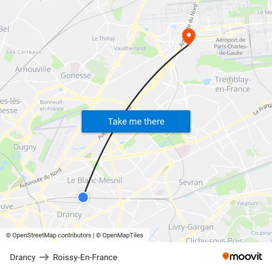 Drancy to Roissy-En-France map