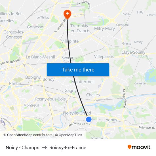 Noisy - Champs to Roissy-En-France map
