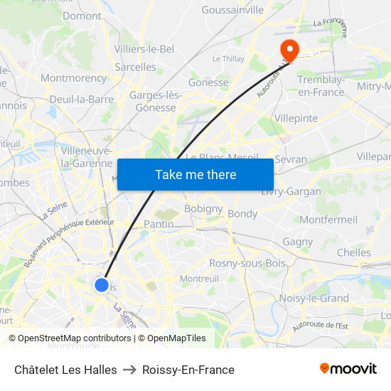 Châtelet Les Halles to Roissy-En-France map