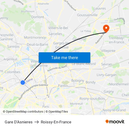 Gare D'Asnieres to Roissy-En-France map