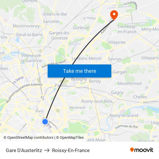 Gare D'Austerlitz to Roissy-En-France map