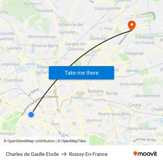 Charles de Gaulle Etoile to Roissy-En-France map