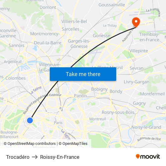 Trocadéro to Roissy-En-France map