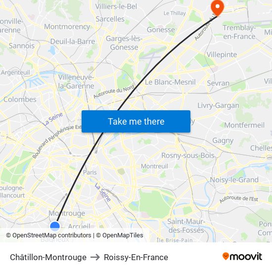 Châtillon-Montrouge to Roissy-En-France map