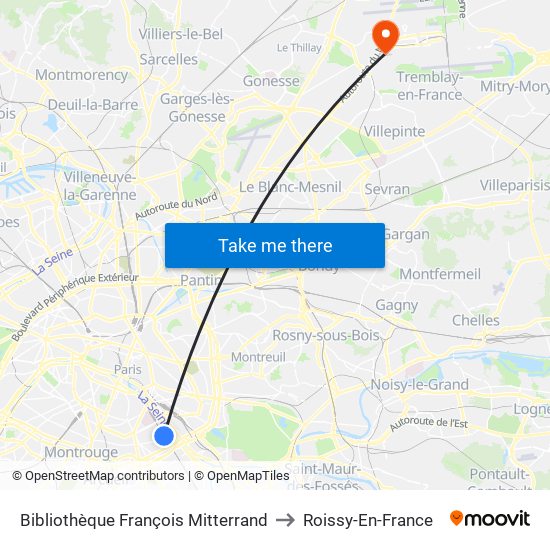 Bibliothèque François Mitterrand to Roissy-En-France map