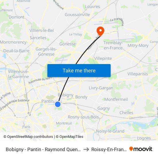 Bobigny - Pantin - Raymond Queneau to Roissy-En-France map
