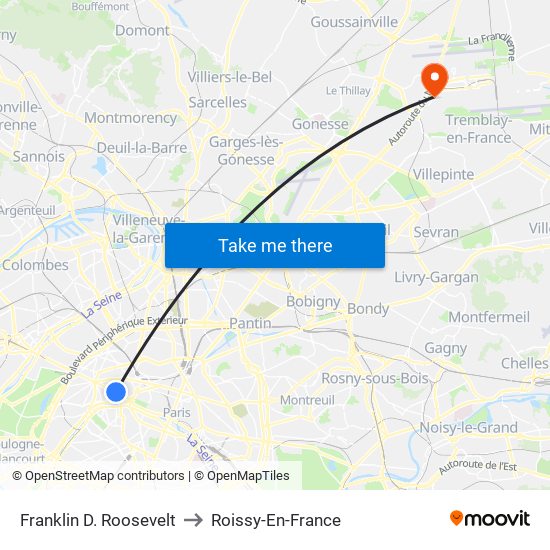 Franklin D. Roosevelt to Roissy-En-France map