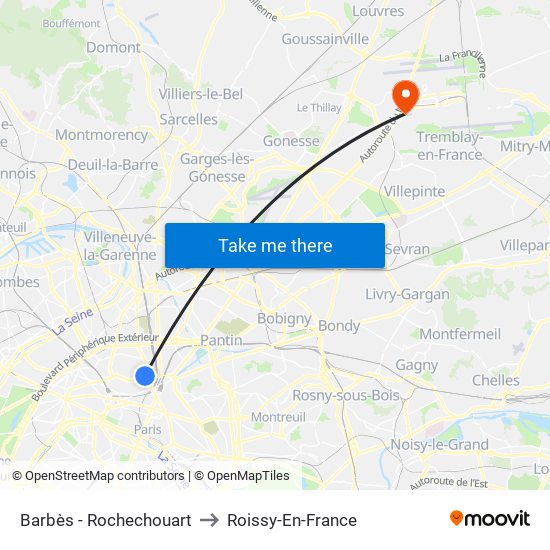 Barbès - Rochechouart to Roissy-En-France map