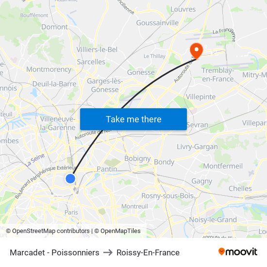 Marcadet - Poissonniers to Roissy-En-France map