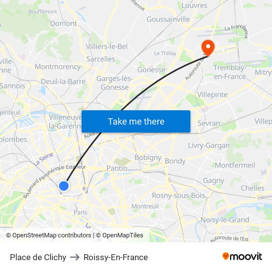 Place de Clichy to Roissy-En-France map