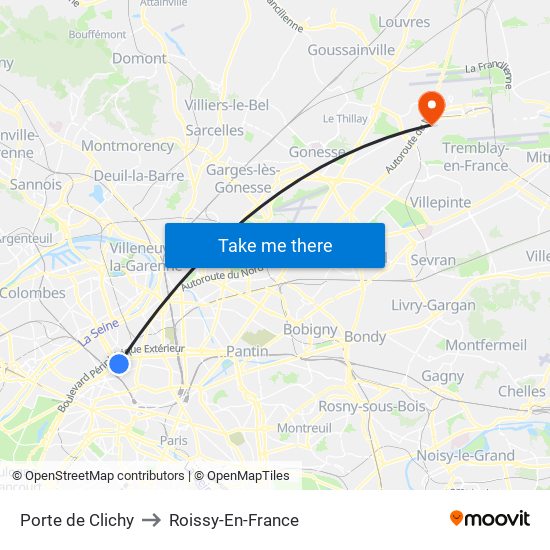 Porte de Clichy to Roissy-En-France map