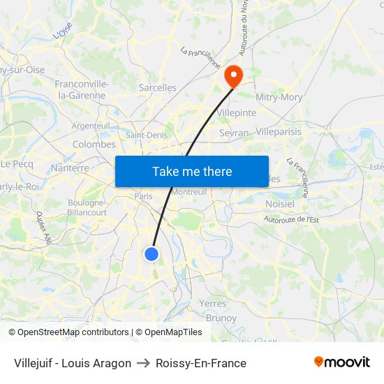 Villejuif - Louis Aragon to Roissy-En-France map