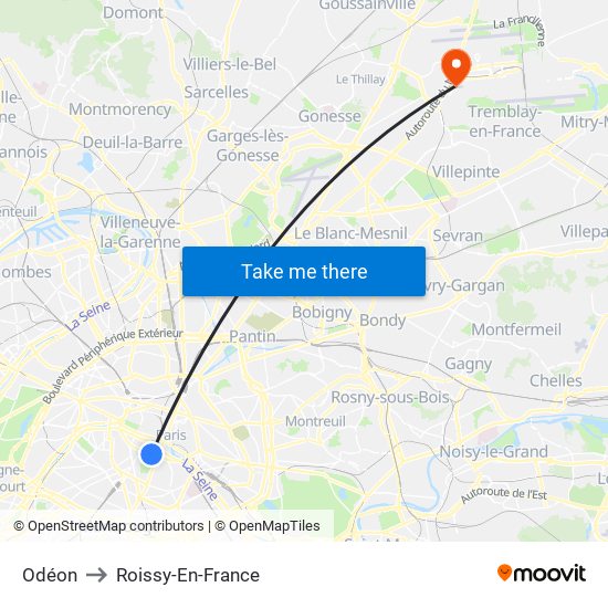 Odéon to Roissy-En-France map