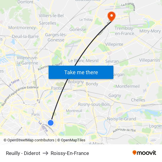 Reuilly - Diderot to Roissy-En-France map