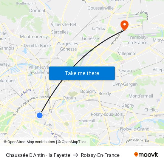 Chaussée D'Antin - la Fayette to Roissy-En-France map