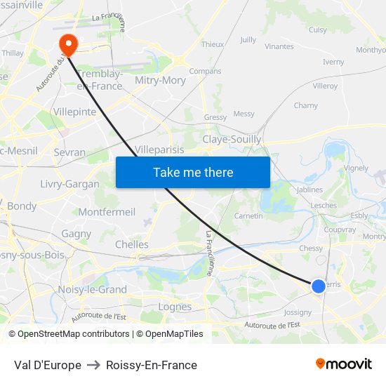 Val D'Europe to Roissy-En-France map