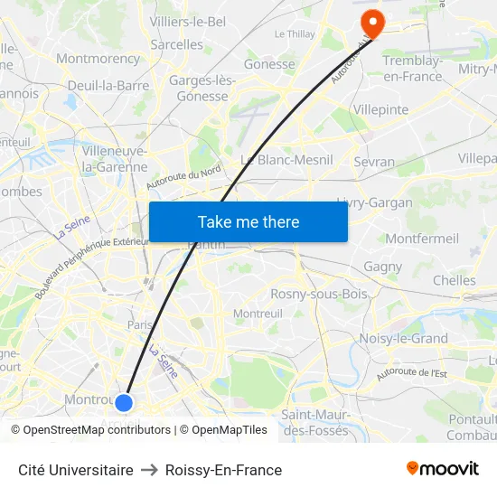 Cité Universitaire to Roissy-En-France map