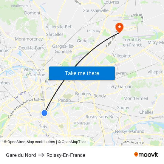 Gare du Nord to Roissy-En-France map