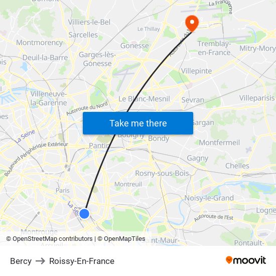 Bercy to Roissy-En-France map