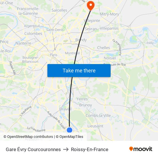 Gare Évry Courcouronnes to Roissy-En-France map