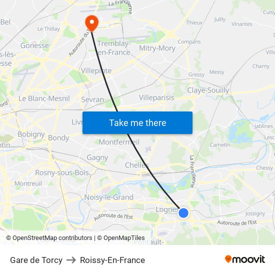 Gare de Torcy to Roissy-En-France map