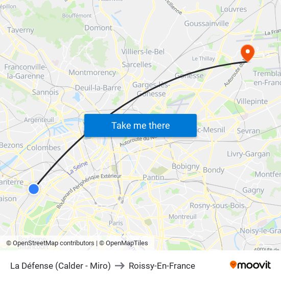 La Défense (Calder - Miro) to Roissy-En-France map