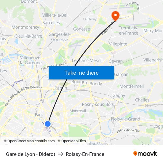 Gare de Lyon - Diderot to Roissy-En-France map