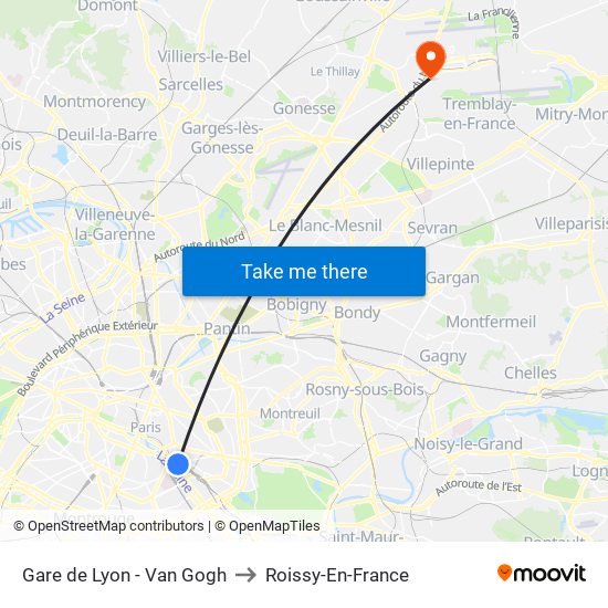 Gare de Lyon - Van Gogh to Roissy-En-France map