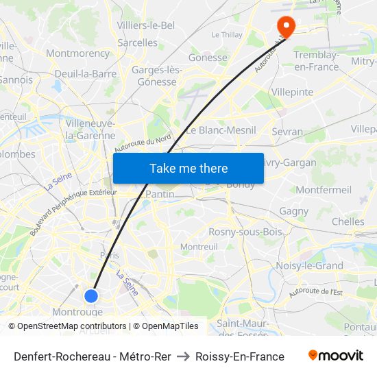 Denfert-Rochereau - Métro-Rer to Roissy-En-France map