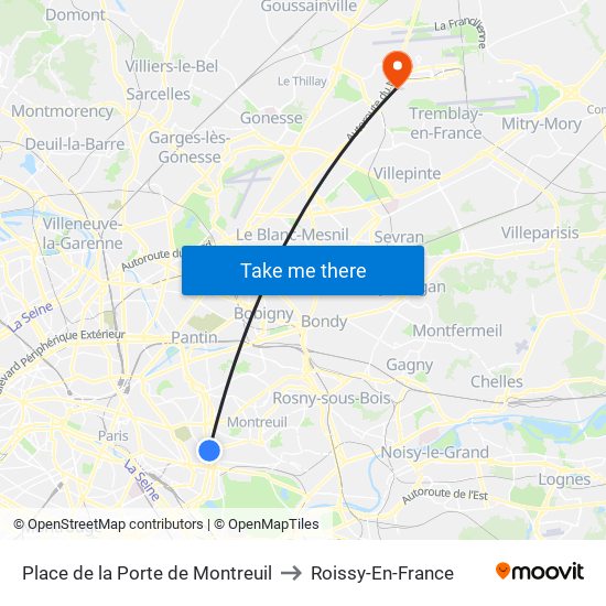 Place de la Porte de Montreuil to Roissy-En-France map