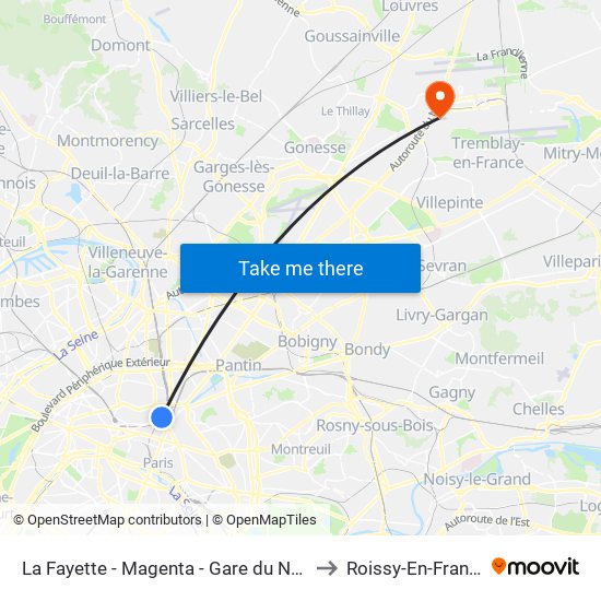 La Fayette - Magenta - Gare du Nord to Roissy-En-France map