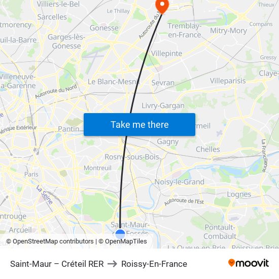 Saint-Maur – Créteil RER to Roissy-En-France map
