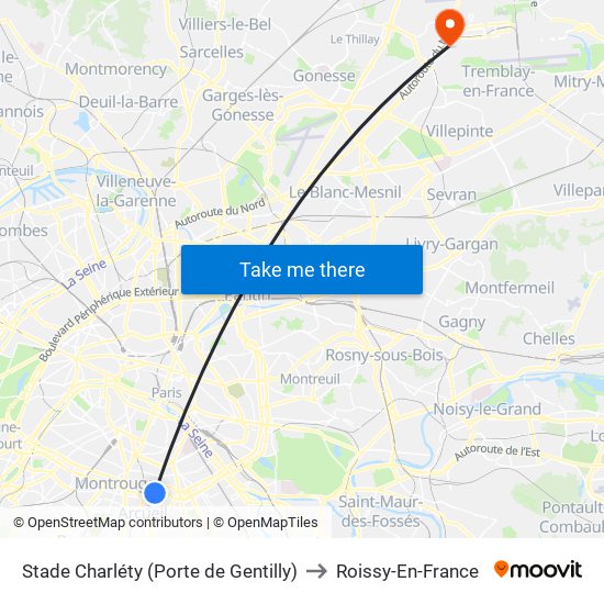 Stade Charléty (Porte de Gentilly) to Roissy-En-France map