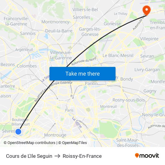 Cours de L'Ile Seguin to Roissy-En-France map